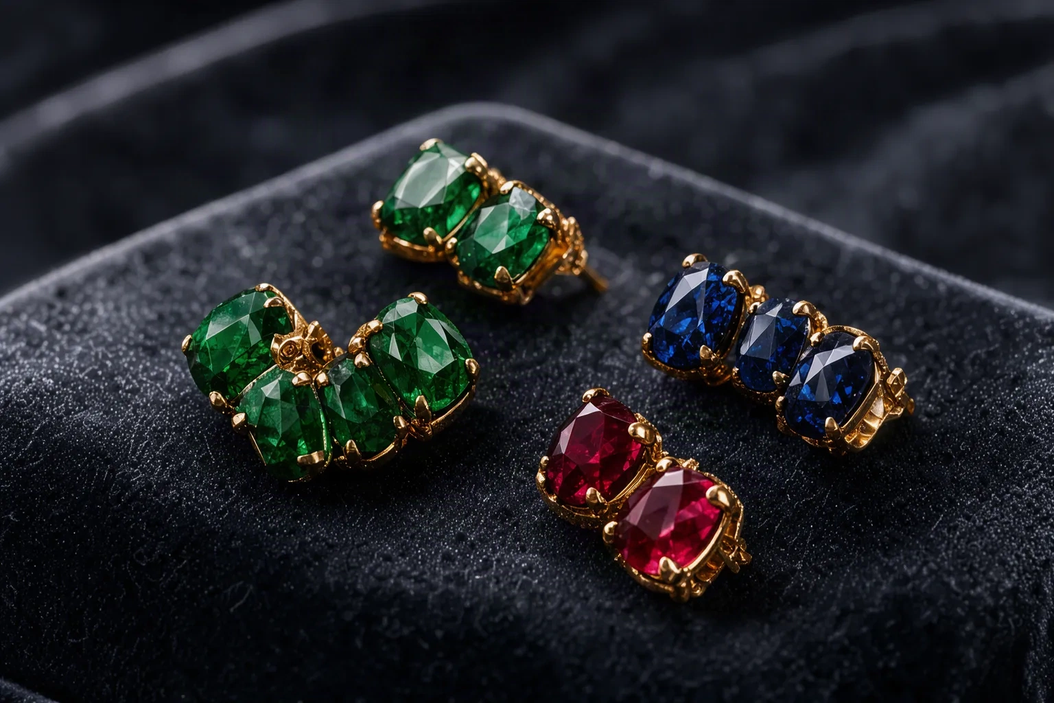 Puces d'oreilles serties d'émeraudes, saphirs et rubis sur velours sombre
