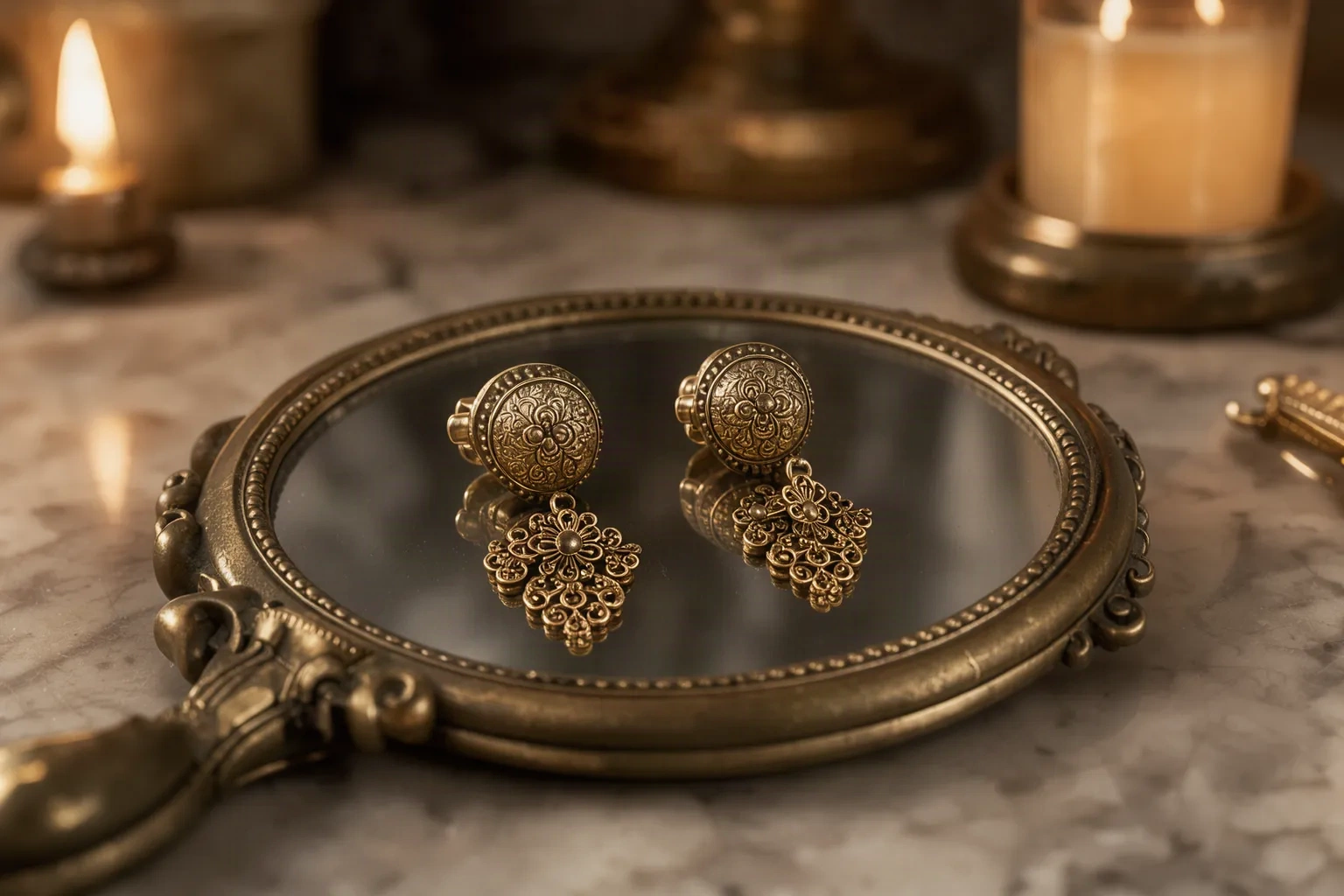 Boucles d'oreilles vintage dorées posées sur un miroir en laiton