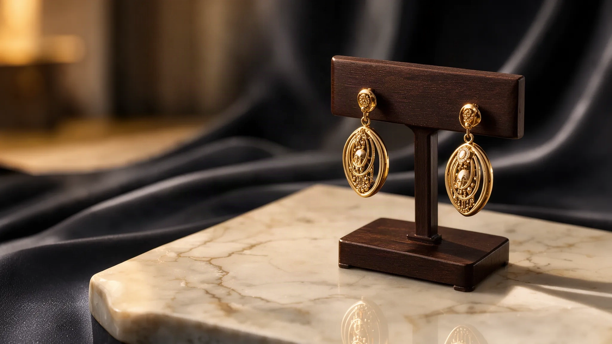 Boucles d'oreilles pendantes en or sur un présentoir en bois, posées sur du marbre